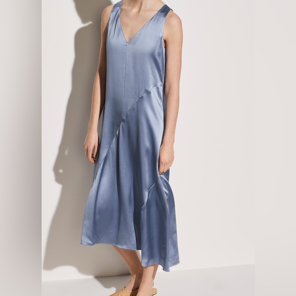 NWT $425 Vince Double V-neck Asymmetric Seamed Slip Dress In Blue Size M - Picture 1 of 7